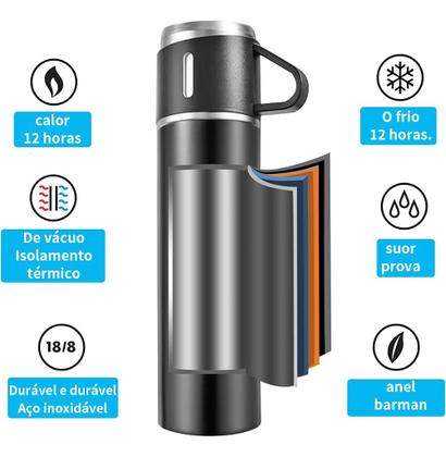 Imagem de Garrafa Térmica Preta Fosca Inox 500ml Portátil com Kit 3 Copos