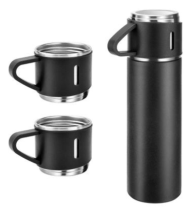 Imagem de Garrafa Térmica Preta Fosca Inox 500ml Portátil com Kit 3 Copos