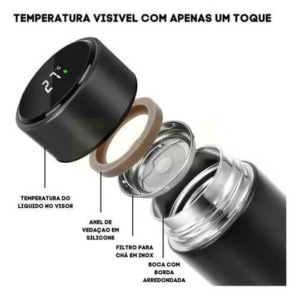 Imagem de Garrafa Térmica Sensor Termômetro Temperatura Tampa Led Digital Display Aço Inoxidável 500ml 