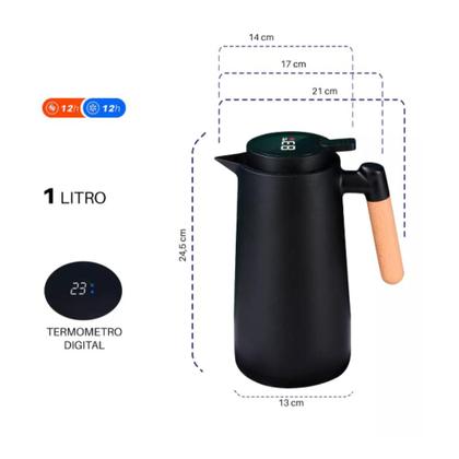 Imagem de Garrafa Térmica Termometro Digital 1L Café Chá com Cabo de Madeira