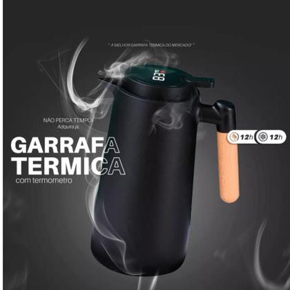Imagem de Garrafa Térmica Termometro Digital 1L Café Chá com Cabo de Madeira