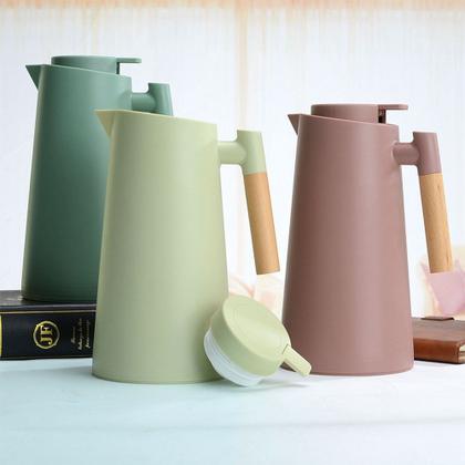 Imagem de Garrafa Térmica Vacumm de 1L com Termômetro LED Digital Para Chás Café Cabo de Madeira Jarra Chaleira Design Moderno