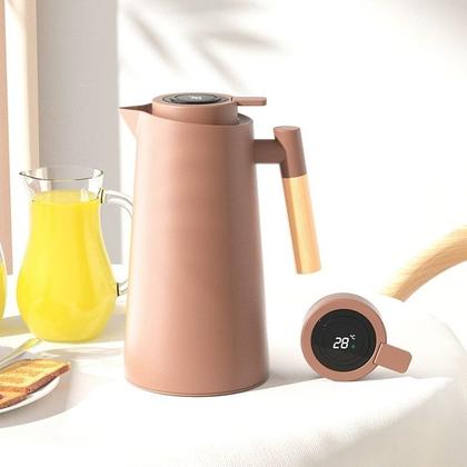Imagem de Garrafa Térmica Vacumm de 1L com Termômetro LED Digital Para Chás Café Cabo de Madeira Jarra Chaleira Design Moderno