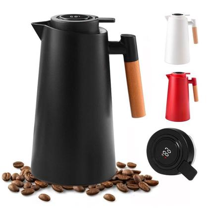 Imagem de Garrafa Térmica Vacumm de 1L com Termômetro LED Digital Para Chás Café Cabo de Madeira Jarra Chaleira Design Moderno