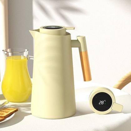 Imagem de Garrafa Térmica Vacumm de 1L com Termômetro LED Digital Para Chás Café Cabo de Madeira Jarra Chaleira Design Moderno