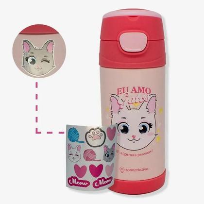 Imagem de Garrafa Top Handle Infantil 350ml Com Adesivo Eu Amo Gatos 10073119