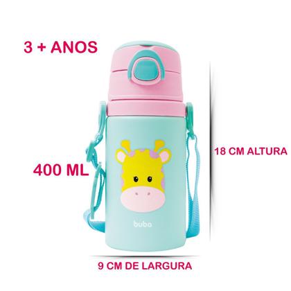 Imagem de Garrafinha de Alumínio 400 ml Animal Fun com Cordinha e Canudo Buba