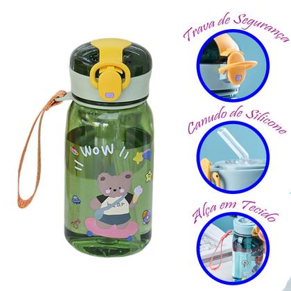 Imagem de Garrafinha Infantil Escolar Com Botão e Canudo Silicone Alça em Tecido Ursinhos 400 ml 