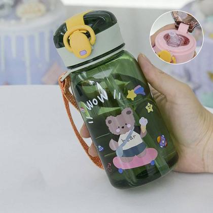 Imagem de Garrafinha Infantil Escolar Com Botão e Canudo Silicone Alça em Tecido Ursinhos 400 ml 