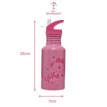 Imagem de Garrafinha Infatil Lilica Ripilica Escolar Alumínio Cor Rosa com Canudo Fechamento Trava Flip Top 500ml Água Suco 
