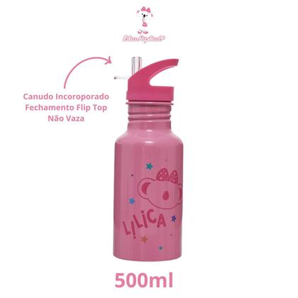 Imagem de Garrafinha Infatil Lilica Ripilica Escolar Alumínio Cor Rosa com Canudo Fechamento Trava Flip Top 500ml Água Suco 
