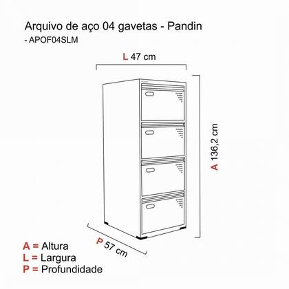 Imagem de Gaveteiro Arquivo em Aço 4 Gavetas OF04SLTCM Cinza