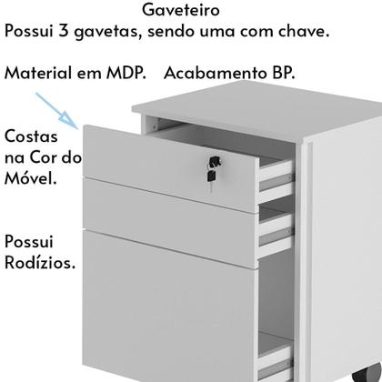 Imagem de Gaveteiro com Chave para Escritório Home Office ME4148 MDP Branco G69 - Gran Belo