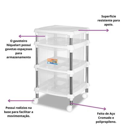 Imagem de Gaveteiro com Rodinhas Plástico Branco 619-4 - Niquelart