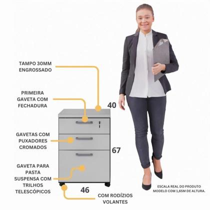 Imagem de Gaveteiro De Escritório 46cm Com Chave 3 Gavetas E Rodízios Multimóveis Cr25302 Cinza Preto