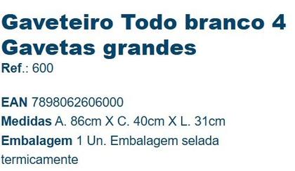 Imagem de Gaveteiro grande branco com rodinhas e 4 gavetas - 600