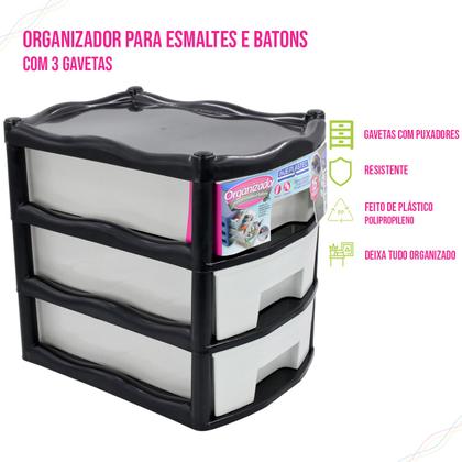 Imagem de Gaveteiro Organizador 3 Gavetas Plástico Batom Esmalte Organização Prático Eficiente Maquiagem Espaçoso Com Nichos Puxadores Resistente