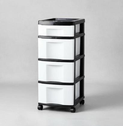 Imagem de Gaveteiro Plástico Branco 4 Gavetas Rodízio Agraplast Cod.943 Preto e Branco Organizador Armário