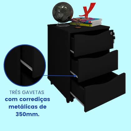 Imagem de Gaveteiro Preto 3 Gavetas Organizador Com Rodinhas Para Escritorio Com Chave