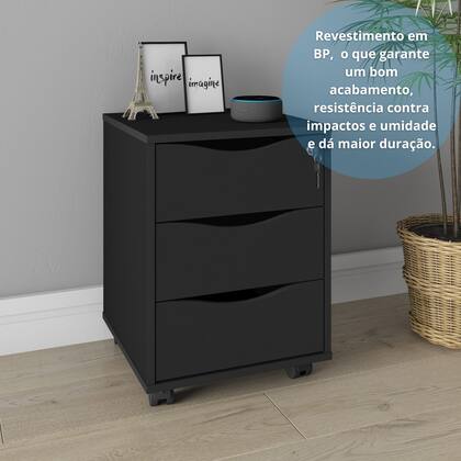 Imagem de Gaveteiro Preto 3 Gavetas Organizador Com Rodinhas Para Escritorio Com Chave