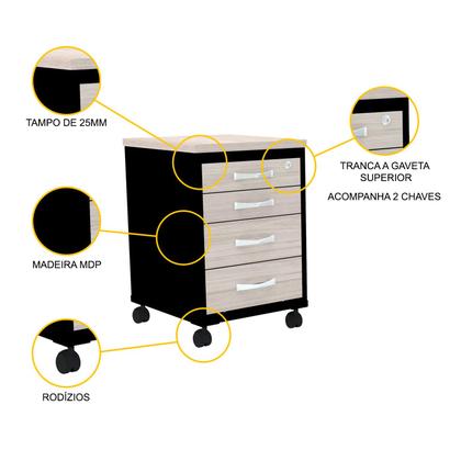 Imagem de Gaveteiro volante 4 gavetas pandin p25 - nogueira/preto