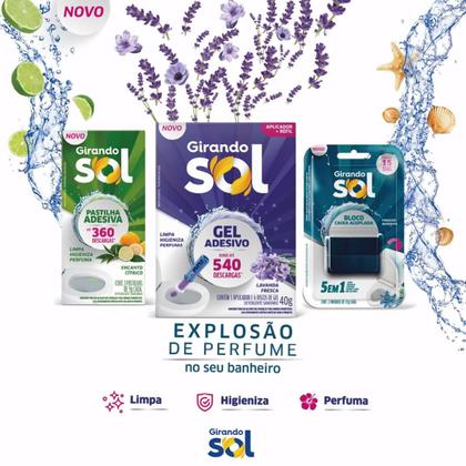 Imagem de Gel Adesivo Sanitário Refil Lavanda Fresca Girando Sol 40G, Desodorizador Sanitário Perfumado, Lilás, Rende Até 540 Desc