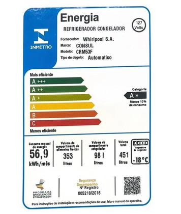 Geladeira CRM53FBANA com 2 Portas 451L Consul Branco 127V Imagem de Geladeira CRM53FBANA com 2 Portas 451L Consul Branco 127V