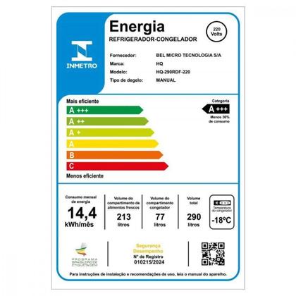 Imagem de Geladeira HQ 290L Defrost A+++ HQ-290RDF Branco 220V