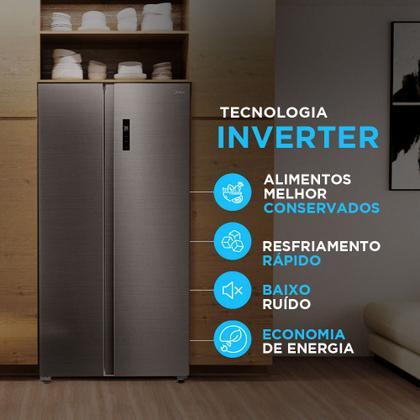 Imagem de Geladeira Side by Side 511L Inverter Cor Inox Conectada Midea