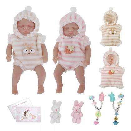 Imagem de Gêmeos Bebê Reborn Boneca Silicone Sólido Suave Brastoy Menina e Menino Original 15cm Com Kit Roupa Acessórios Pelícia