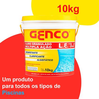 Imagem de Genco Cloro Granulado Múltipla Ação 3 em 1 10kg Para Piscina Para Piscinas 4 Níveis de dosagem Algistático Cloro Estabilizado