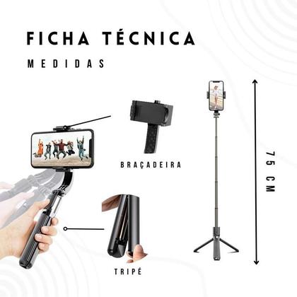 Imagem de Gimbal Estabilizador Celular Tripé Pau De Selfie Altura 86cm Cor Preto F10