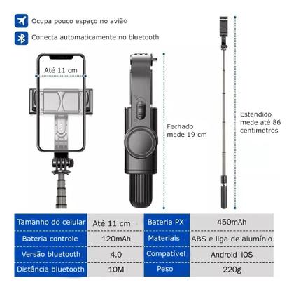 Imagem de Gimbal Estabilizador Celular Tripé Pau De Selfie Altura 86cm Cor Preto F10