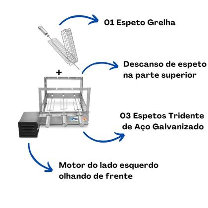 Imagem de Gira Grill Inox c/ 3 Espetos Tridente + Espeto Grelha Pratic