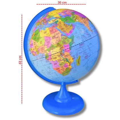 Imagem de Globo Terrestre Político Bilíngue 30cm Base e régua Azul + Mapa Mundi + Lupa