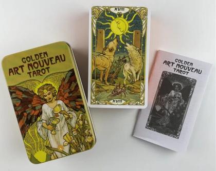 Golden Art Nouveau Tarot Deck Em Lata Com Bordas Laranjas Tarô