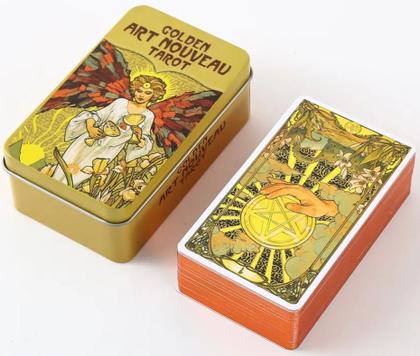 Golden Art Nouveau Tarot Deck Em Lata Com Bordas Laranjas Tarô