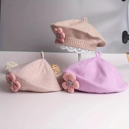 Imagem de Gorro De Inverno Quente Para Meninas Bebês, Chapéu De Malha Com Flor, Estilo Coreano, Gorro De