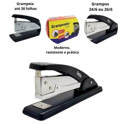 Imagem de Grampeador de Mesa 20cm Grampeia até 30 Folhas Moderno e Resistente Grampos 24/6 e 26/6 - Gatte