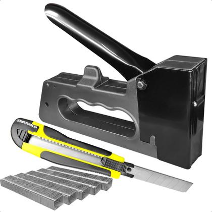 Imagem de Grampeador Tapeceiro Alta Pressão Com Kit Grampos 6mm e Estilete Largo