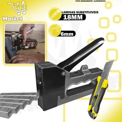 Imagem de Grampeador Tapeceiro Alta Pressão Com Kit Grampos 6mm e Estilete Largo