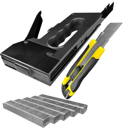 Imagem de Grampeador Tapeceiro Alta Pressão Com Kit Grampos 6mm e Estilete Largo