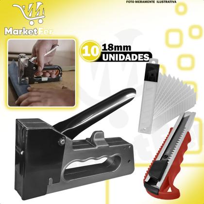 Imagem de Grampeador Tapeceiro Alta Pressão Manual Com Kit Estilete 9mm e 10 Lâminas 0,5mm