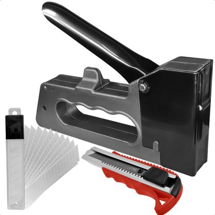 Imagem de Grampeador Tapeceiro Alta Pressão Manual Com Kit Estilete 9mm e 10 Lâminas 0,5mm