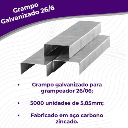 Imagem de Grampo Galvanizado para Grampeador 26/06 de Aço Carbono 5000 unidades - Bestfer