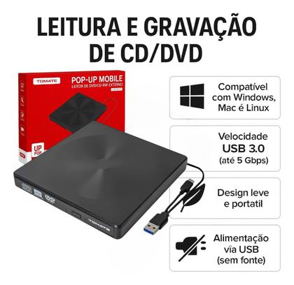 Imagem de Gravador Externo De Cd E Dvd Tipo-c Usb 3.0 Externo Mtm-1025 Preto