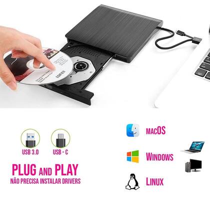 Gravador Leitor de DVD CD Externo para Notebook PC Compacto Portátil ...