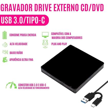 Imagem de Gravador Portátil USB C 3.0 CD DVD Notebook Compacto Alta Velocidade Arquivos Computador Leitor