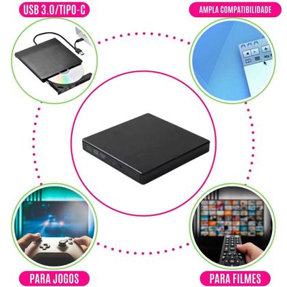 Imagem de Gravador Portátil USB C 3.0 CD DVD Notebook Compacto Alta Velocidade Arquivos Computador Leitor