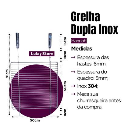 Imagem de Grelha Dupla Aramada Inox 50x50cm para Churrasco Peixe Parrilla Grill Assar Costela Carne Cabo Madeira Revestido Churrasqueira Alvenaria Portátil